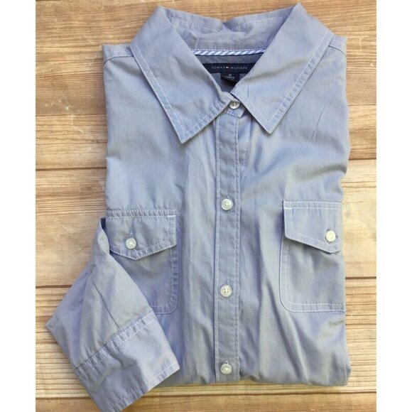 Tommy Hilfiger Button Down Shirt Womens Medium Light Blue Roll Tab Sleeve Cotton - Picture 1 of 8